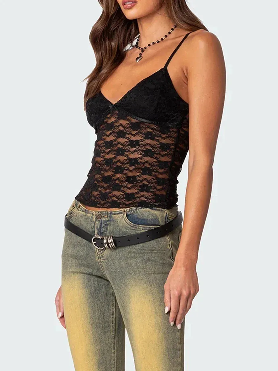 Strap Lace Floral Backless Sheer Mesh Y2K Crop Spaghetti Top