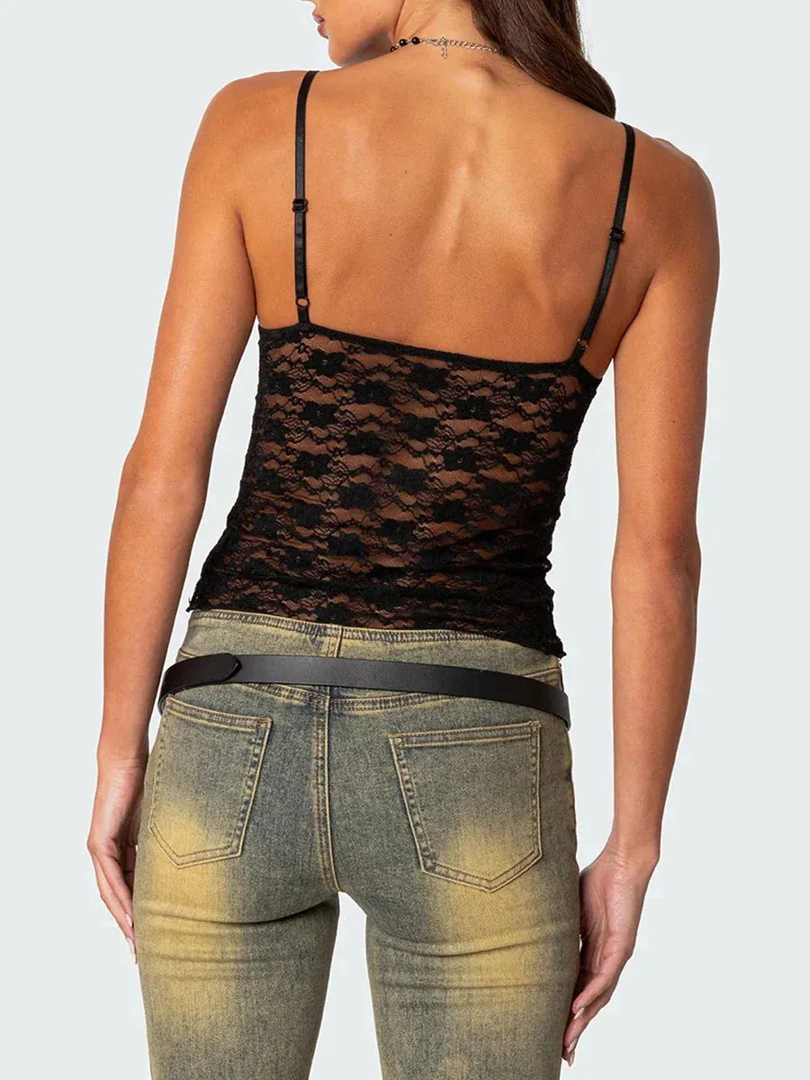 Strap Lace Floral Backless Sheer Mesh Y2K Crop Spaghetti Top