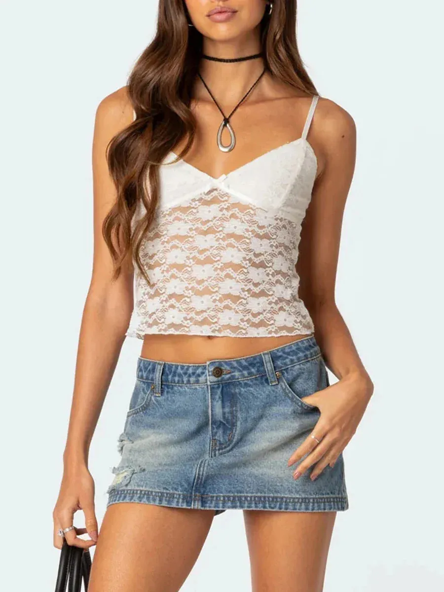 Strap Lace Floral Backless Sheer Mesh Y2K Crop Spaghetti Top