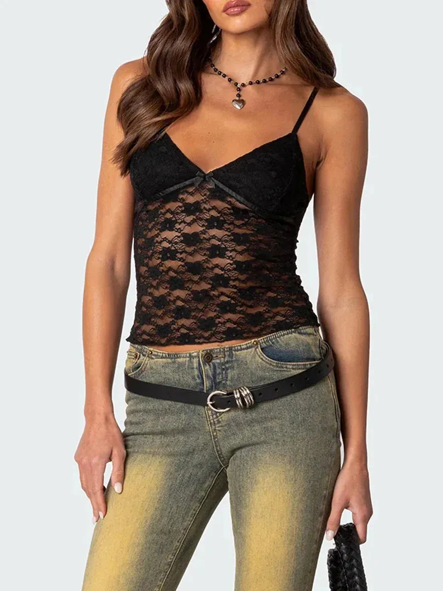 Strap Lace Floral Backless Sheer Mesh Y2K Crop Spaghetti Top