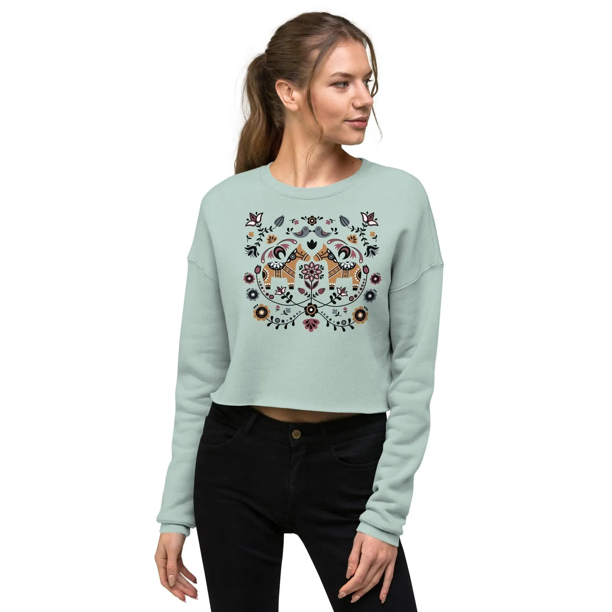 Swedish Dala Horse Cropped Sweatshirt - Light