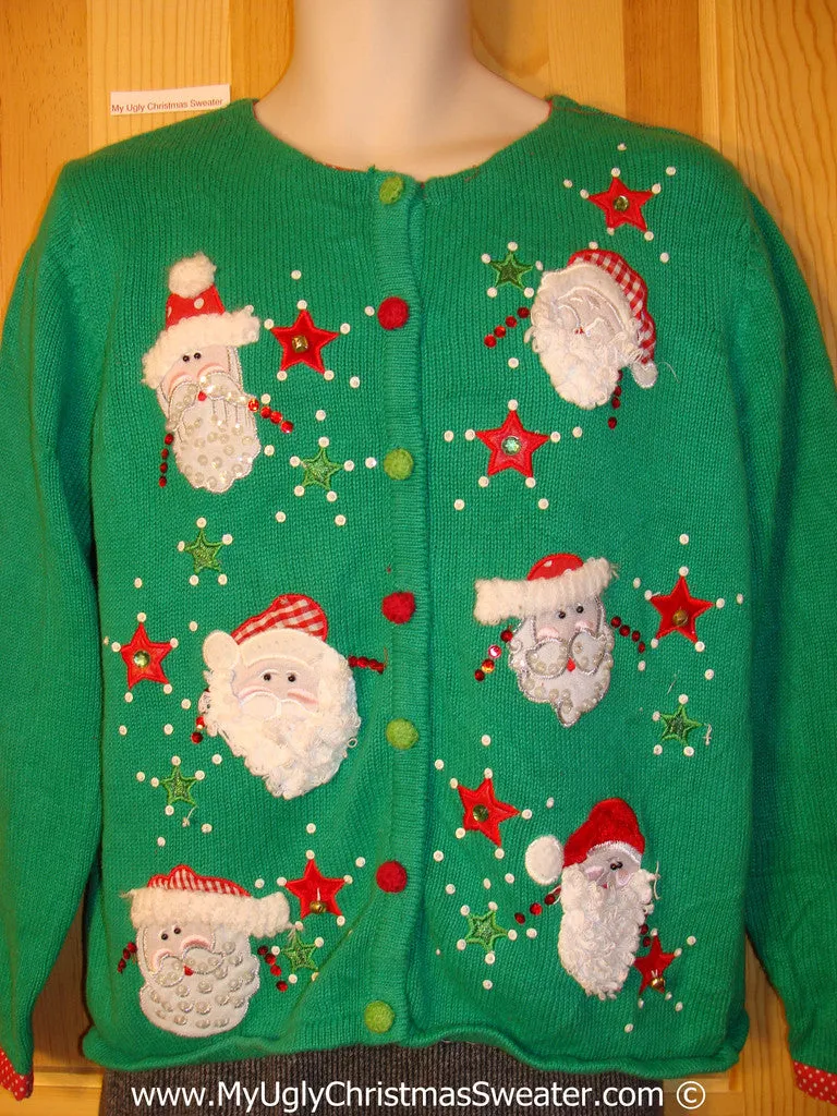 Tacky Green Christmas Sweater with Santa Heads (f1318)