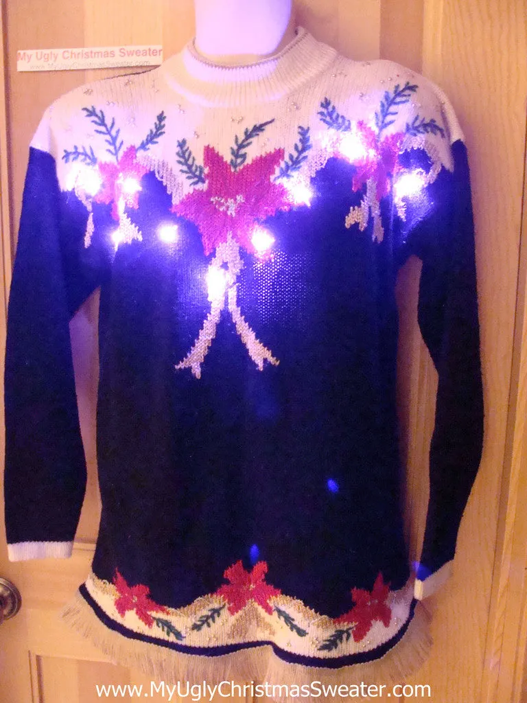 Tacky Ugly Christmas Sweater 80s Style with Padded Shoulders. Poinsettias with Lights and Fringe (g47)