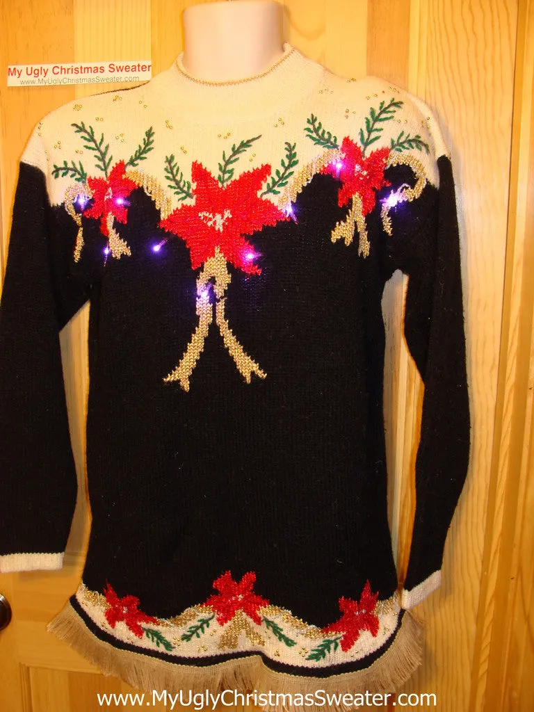 Tacky Ugly Christmas Sweater 80s Style with Padded Shoulders. Poinsettias with Lights and Fringe (g47)