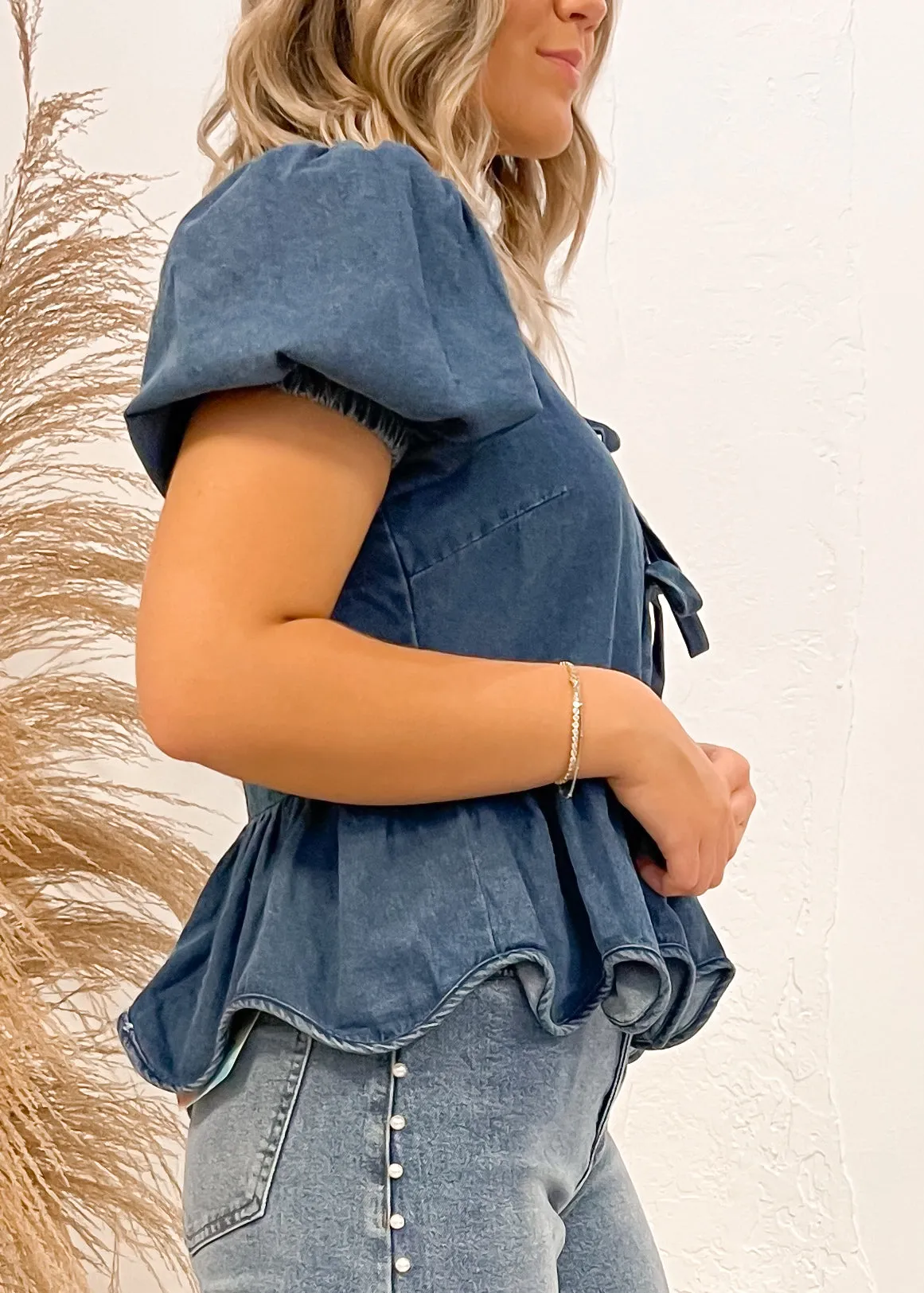 Talk Later Denim Puff Sleeve Bow Detail Top | Medium