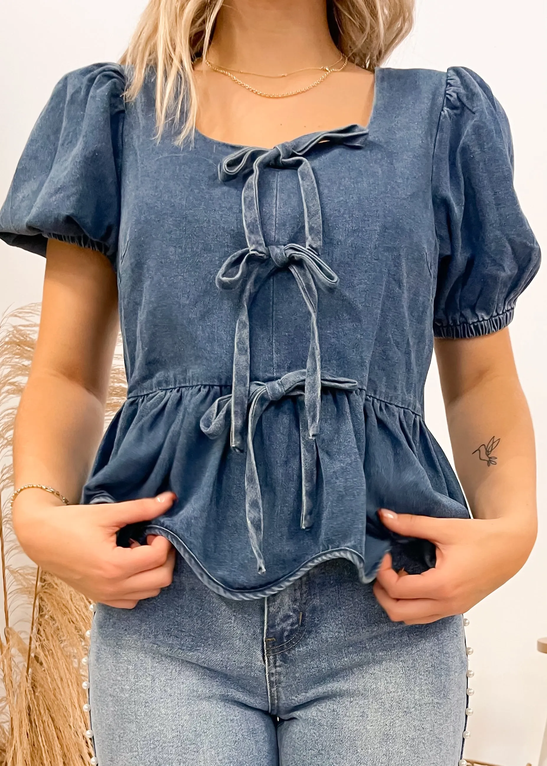 Talk Later Denim Puff Sleeve Bow Detail Top | Medium