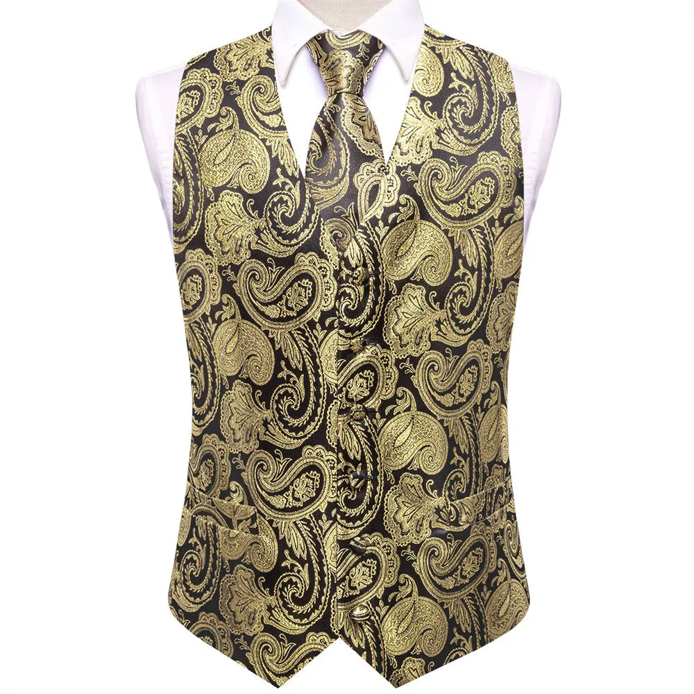 Ties2you BLack Gold Paisley V-Neck Silk Vest Necktie Set