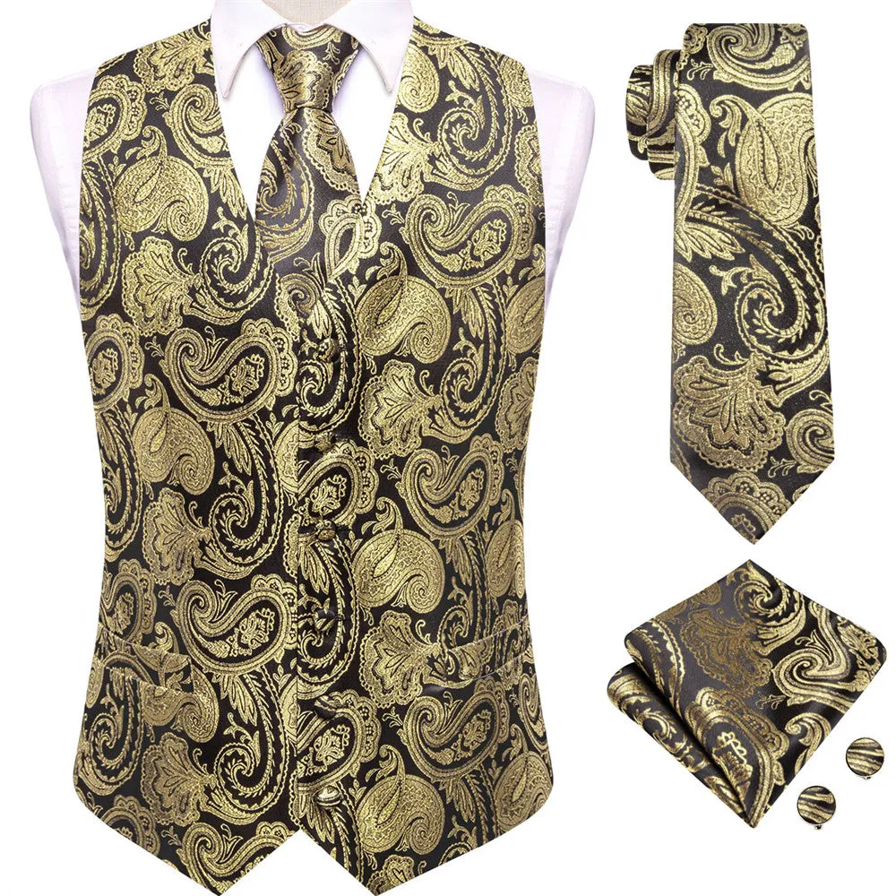 Ties2you BLack Gold Paisley V-Neck Silk Vest Necktie Set