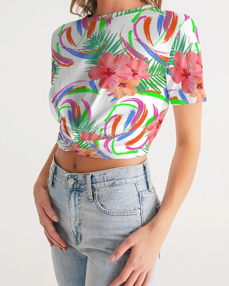 Tropical Hibiscus Twist-Front Crop Top