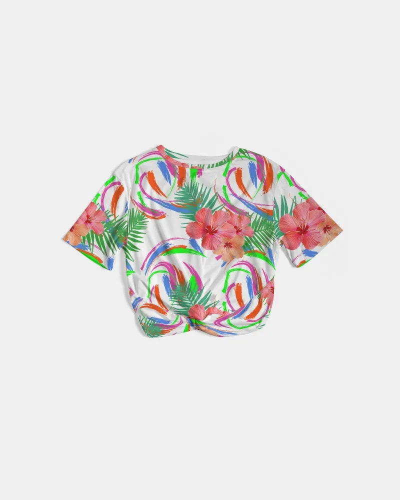 Tropical Hibiscus Twist-Front Crop Top