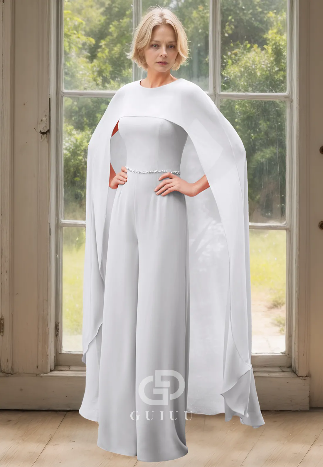 Unique Bateau Beads Belt Pants Long Mother of the Bride Dress