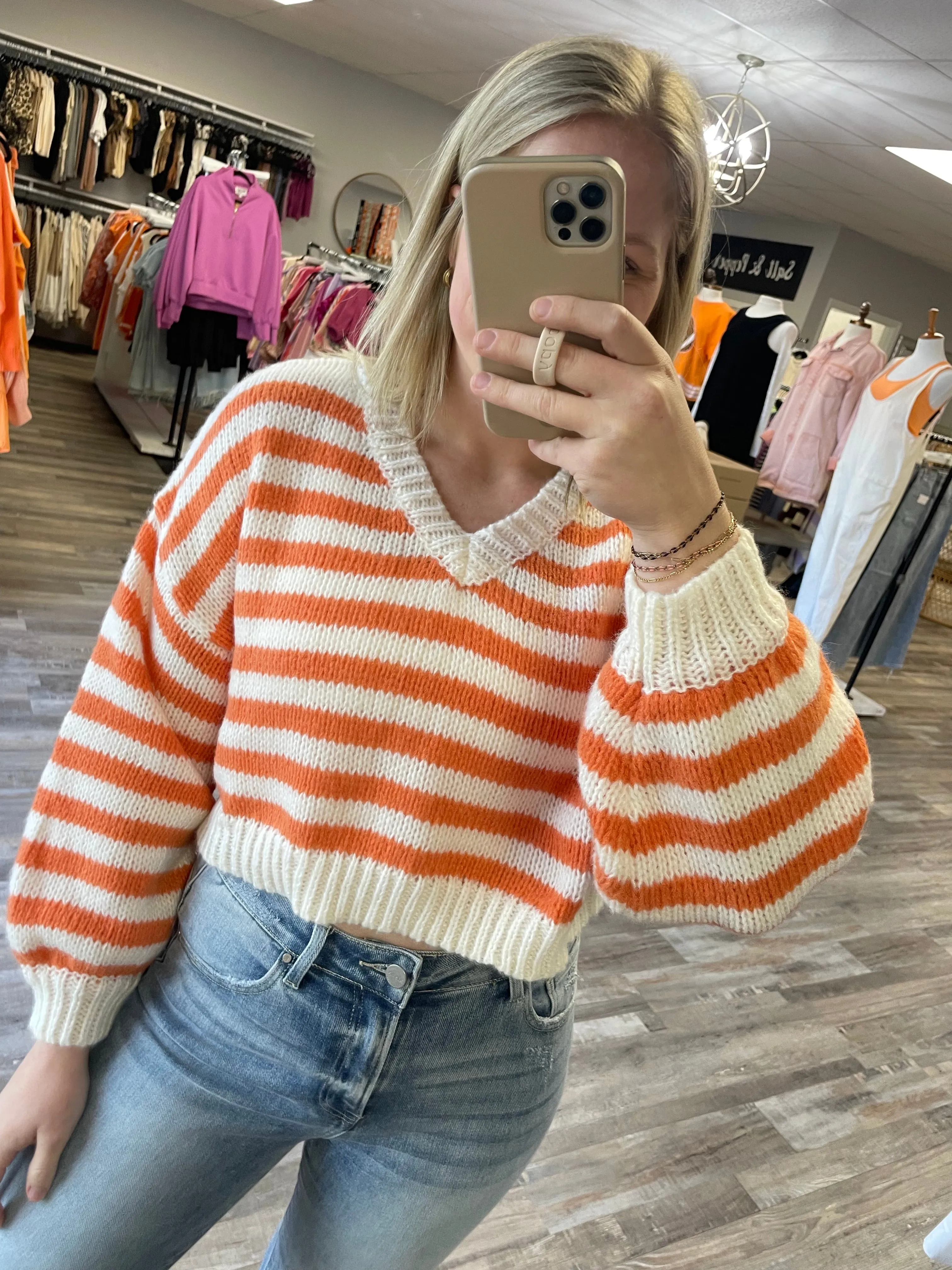 V-Neck Striped Sweater - Orange/White