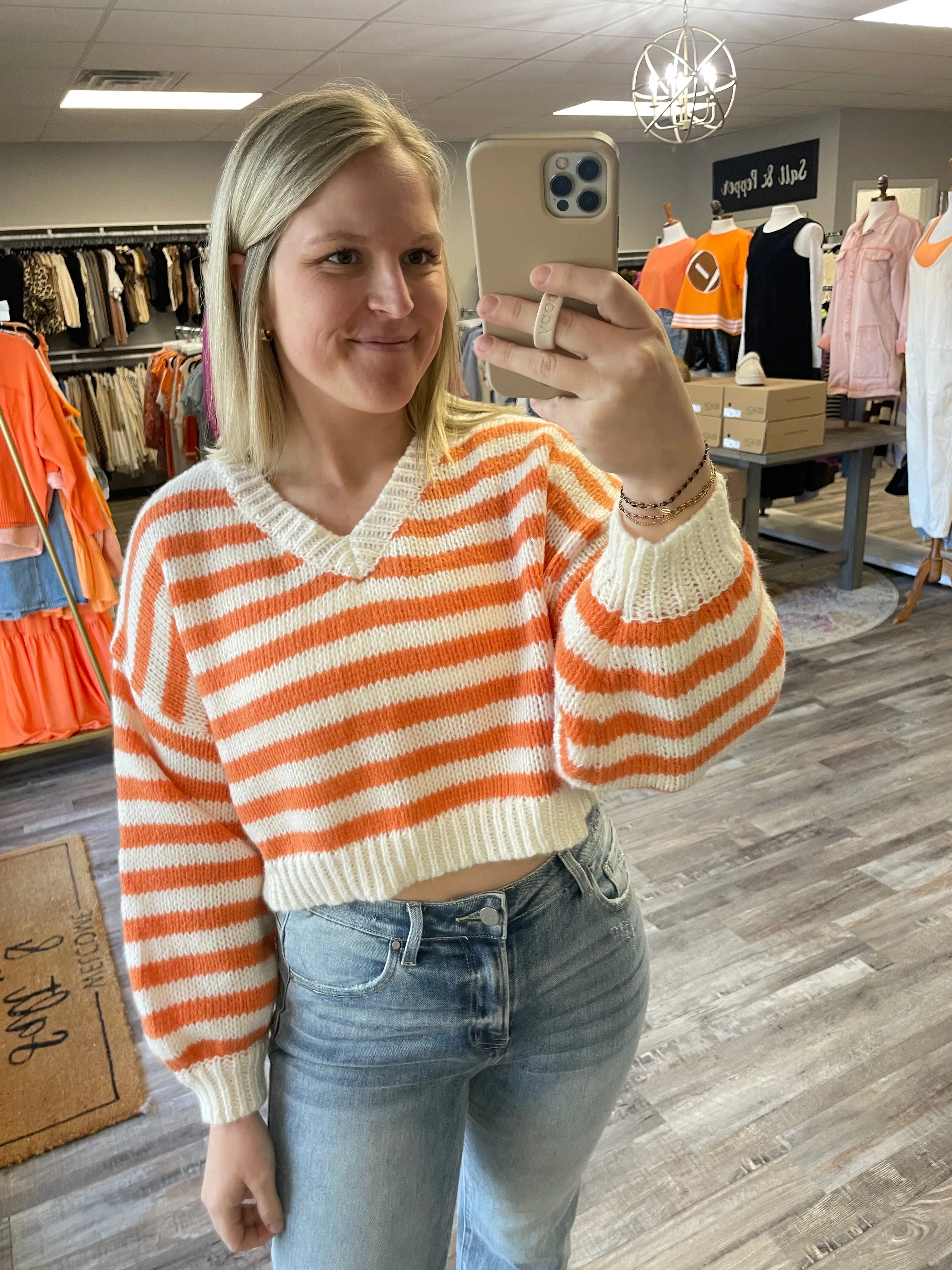 V-Neck Striped Sweater - Orange/White