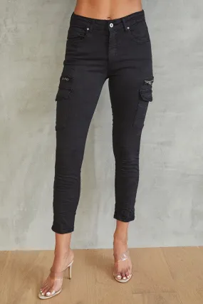 VENTI6 CRINKLE JOGGER CARGO POCKET PANTS - BLACK