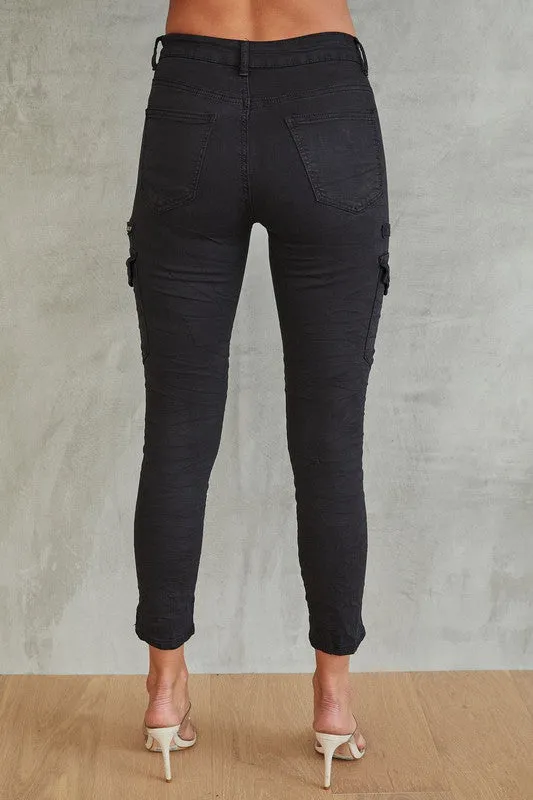 VENTI6 CRINKLE JOGGER CARGO POCKET PANTS - BLACK