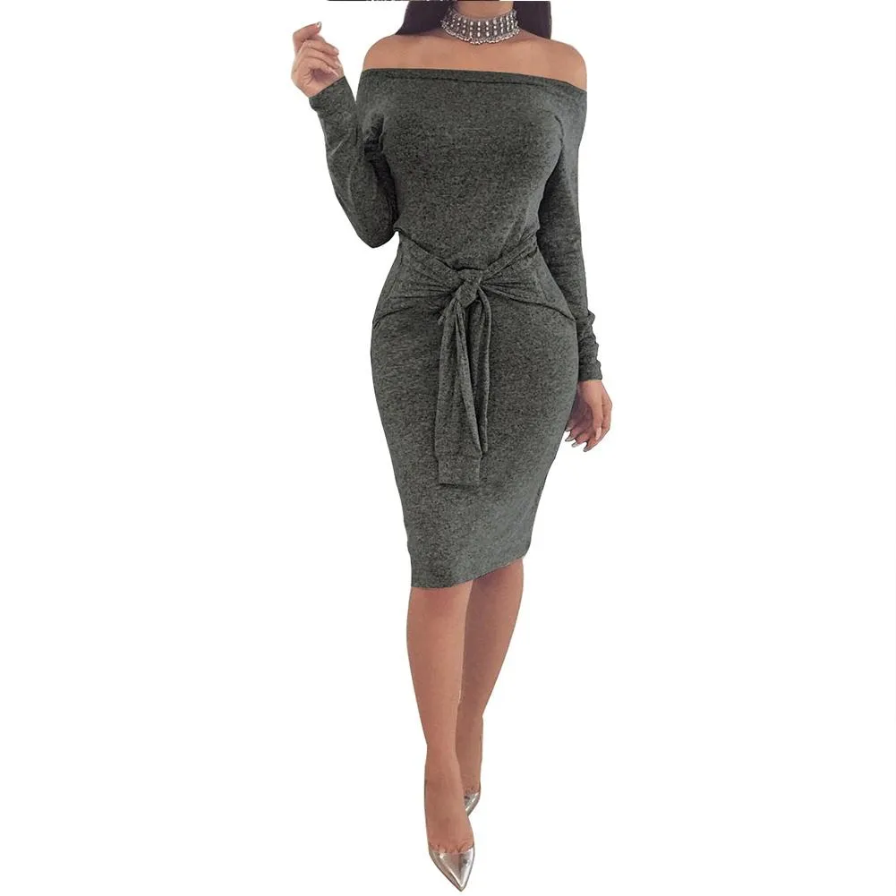 VenusFox Off Shoulder Waistband Midi Dresses