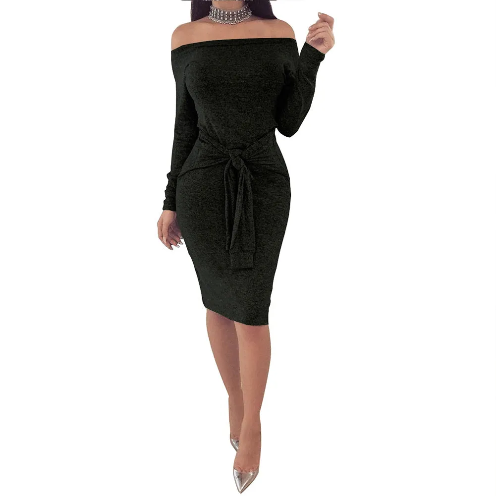 VenusFox Off Shoulder Waistband Midi Dresses