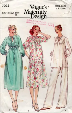 Vogue 7022 Womens Tucked Shoulder Maternity Dress Top & Pants 1970s Vintage Sewing Pattern Size 12 Bust 34 inches