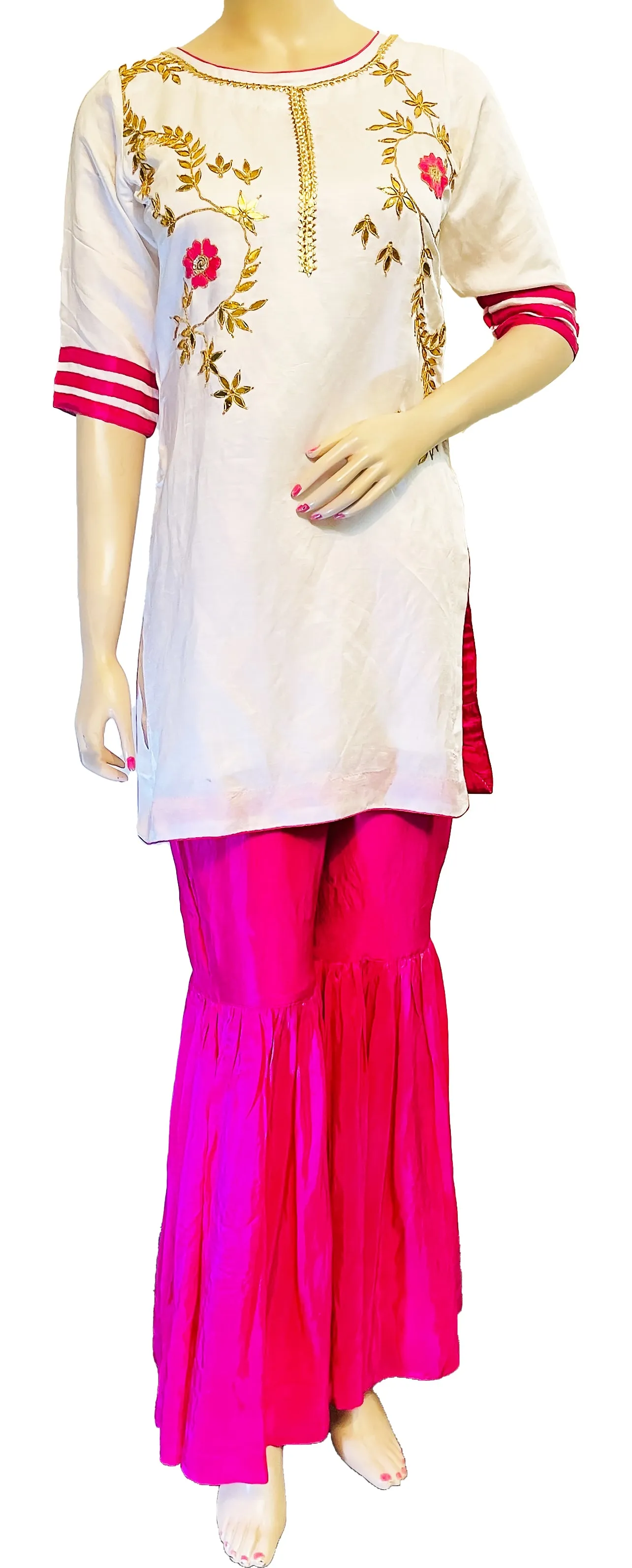 White & Hot Pink Color Hand embroidered Kurti & Gharara Palazzo Pant with Dupatta set