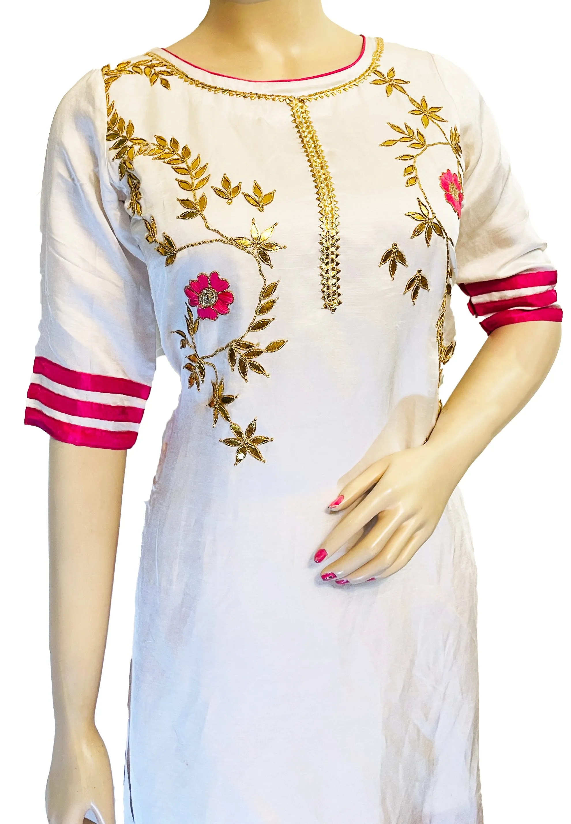 White & Hot Pink Color Hand embroidered Kurti & Gharara Palazzo Pant with Dupatta set