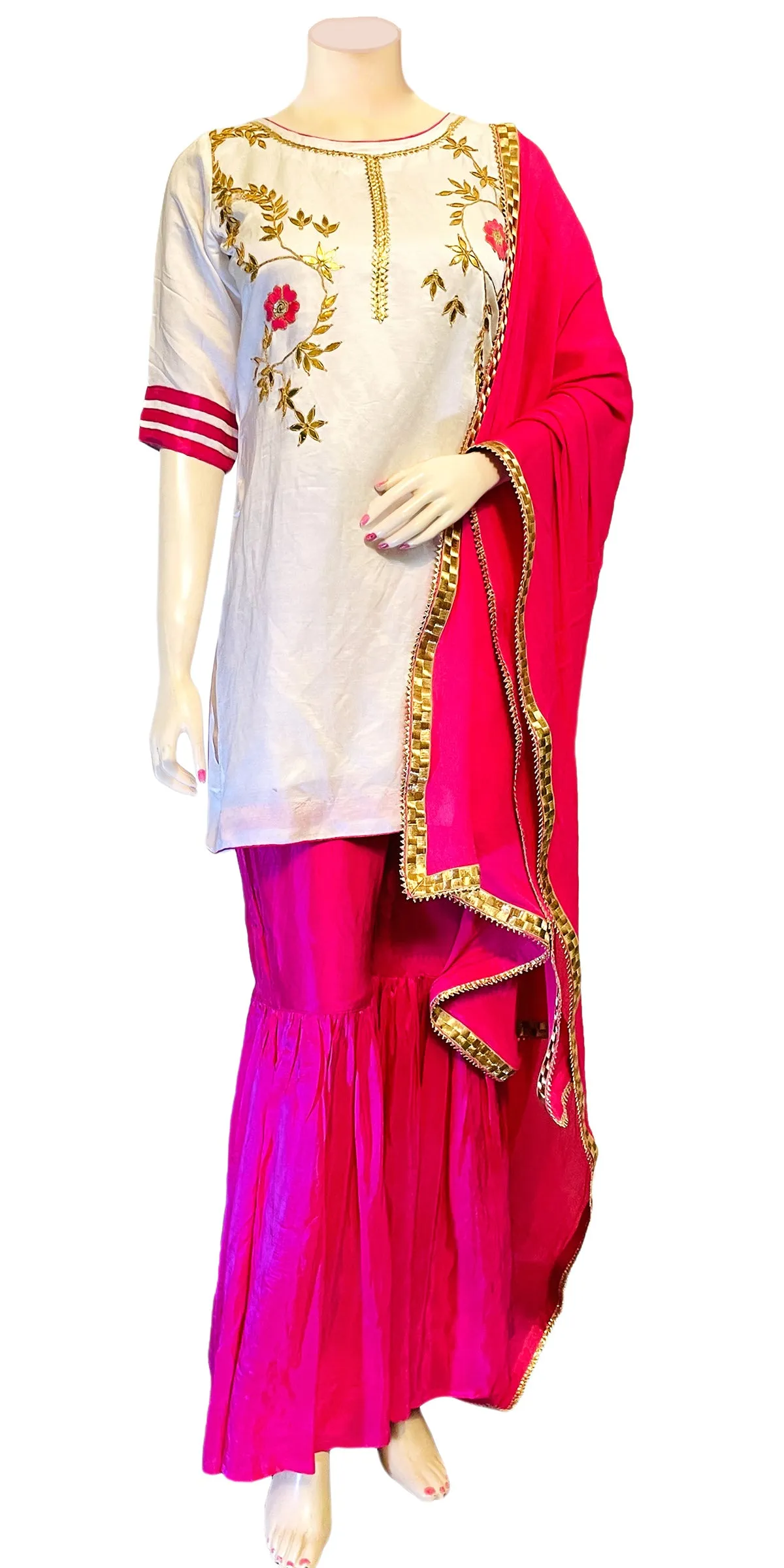 White & Hot Pink Color Hand embroidered Kurti & Gharara Palazzo Pant with Dupatta set