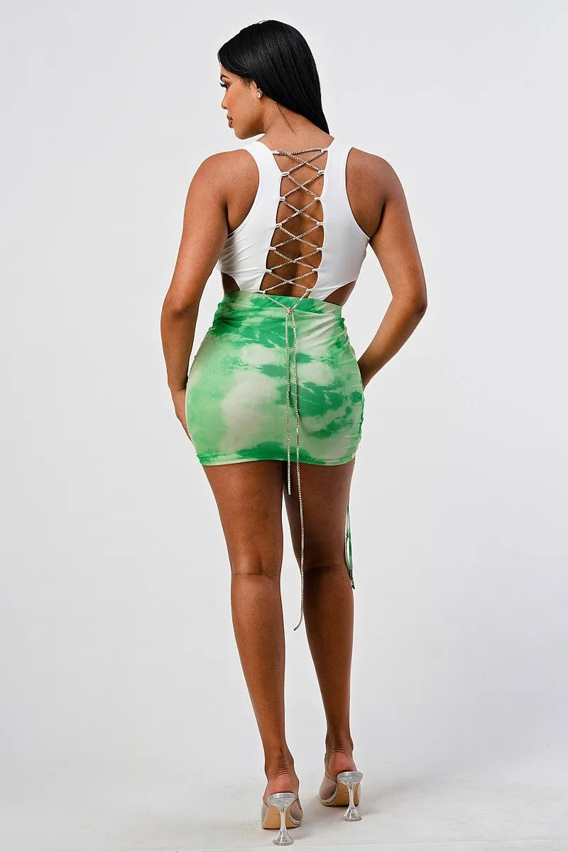 White Green Sleeveless Top Open Back With Bodycon Tie Dye Ruched Mini Dress