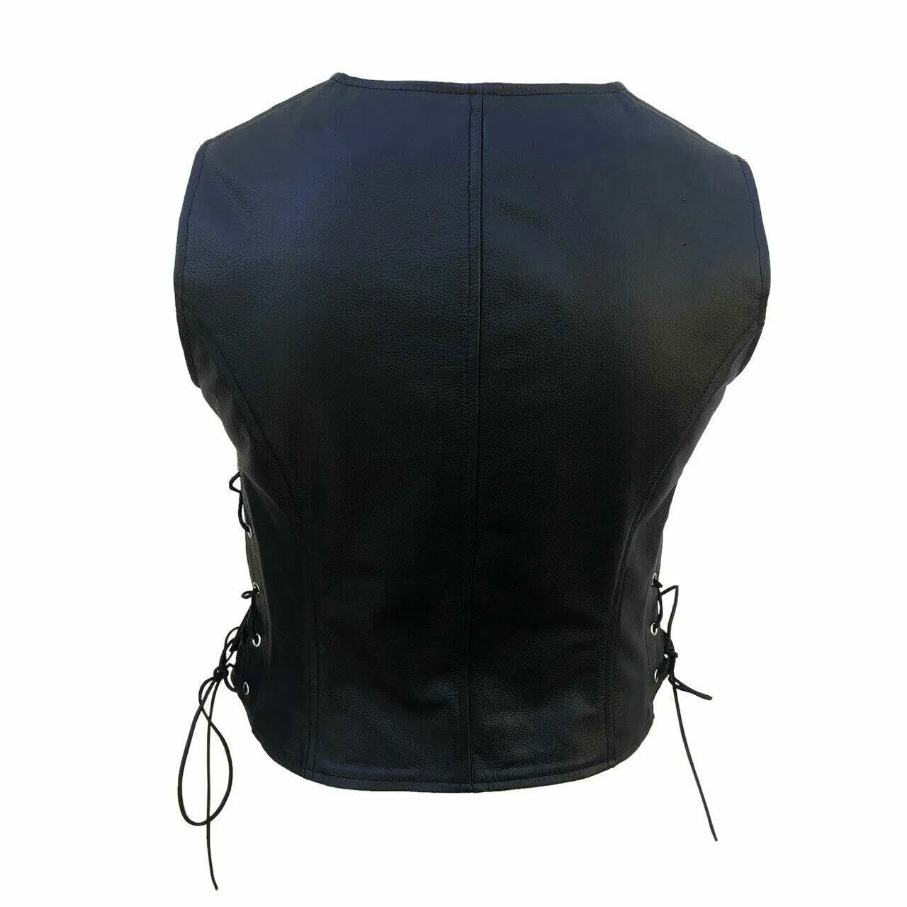 Women Black Leather Vest With Side Lacing Bikers Style Waistcoat - W3 - BLK