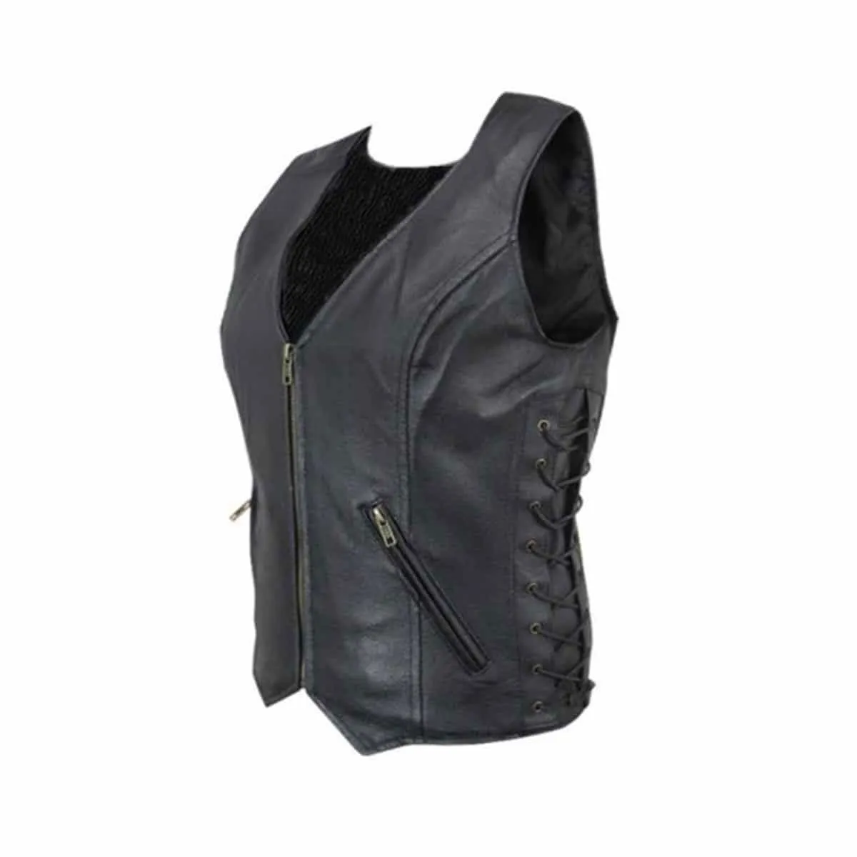 Women Black Leather Vest With Side Lacing Bikers Style Waistcoat - W3 - BLK