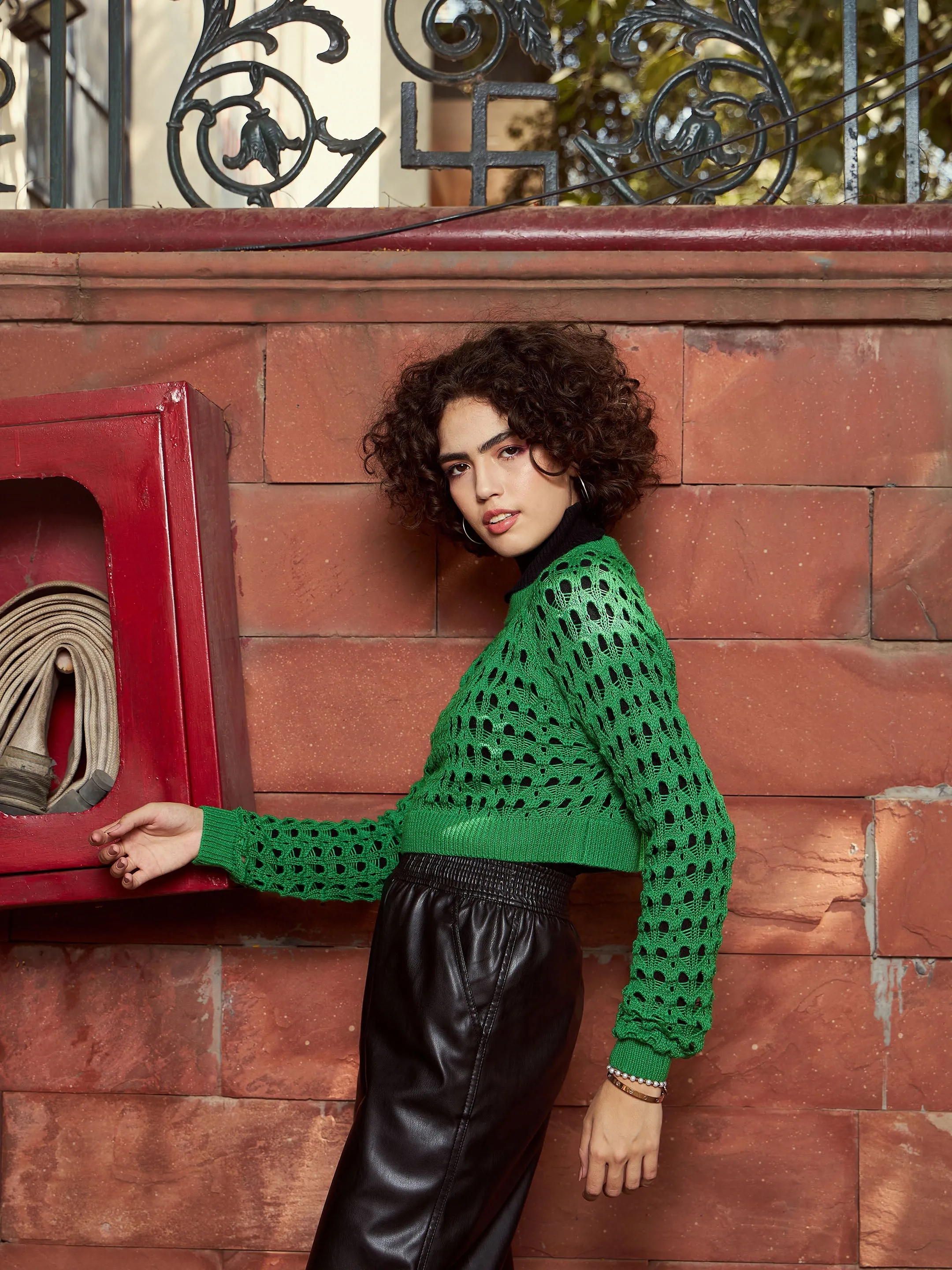 Women Green Crochet Crop Sweater Top