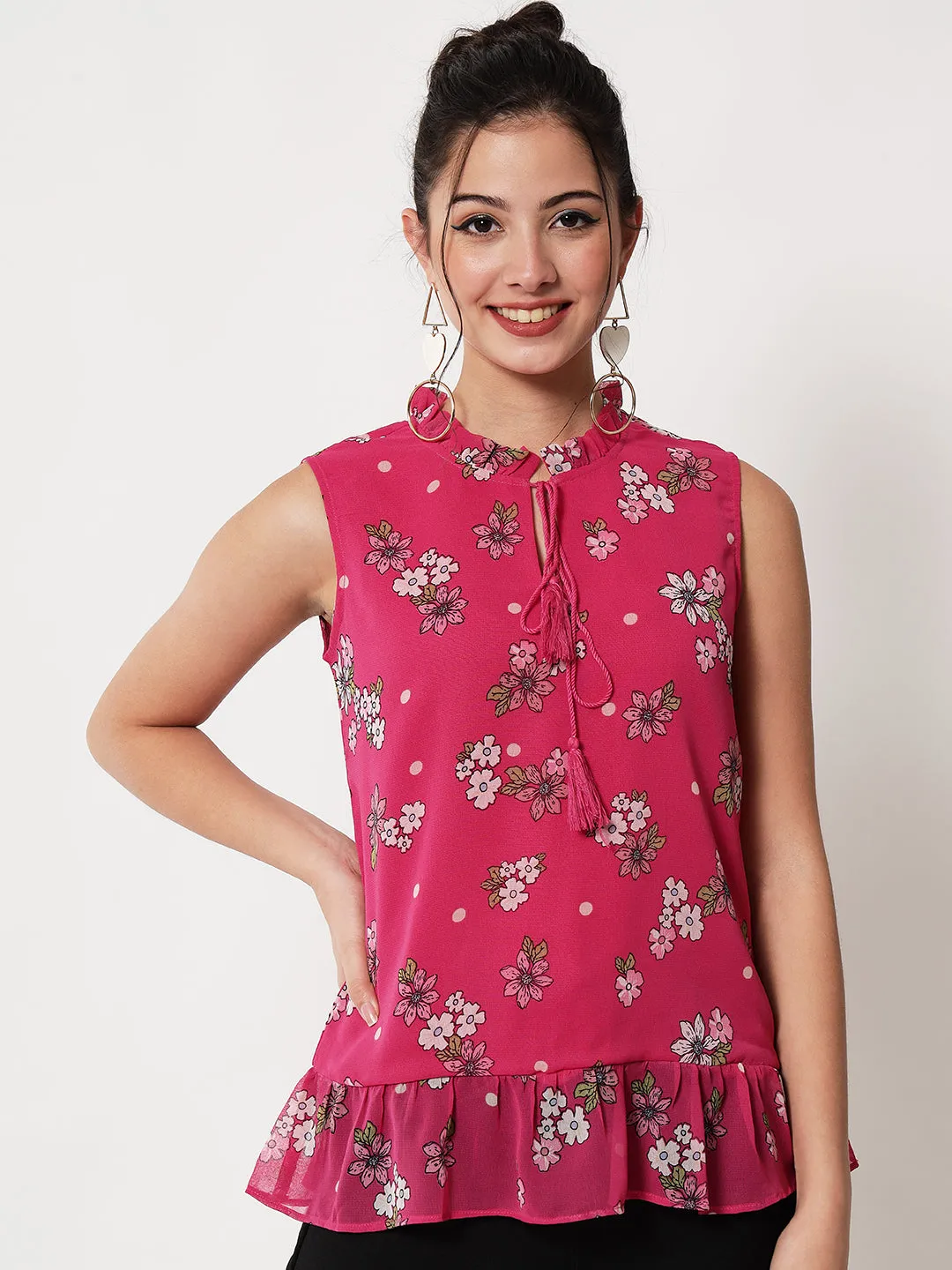 Women Pink & Off White Floral Print Crepe Peplum Top