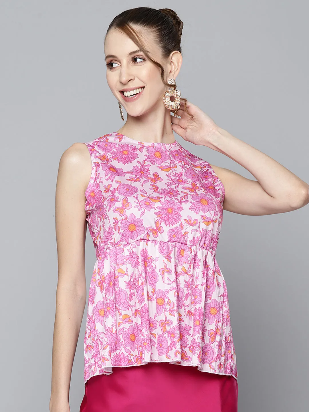 Women Pink Floral Sleeveless Knit Peplum Top