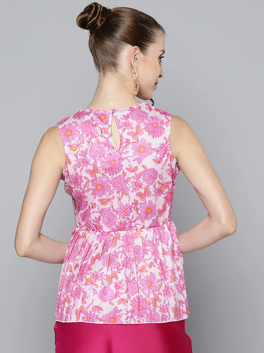 Women Pink Floral Sleeveless Knit Peplum Top