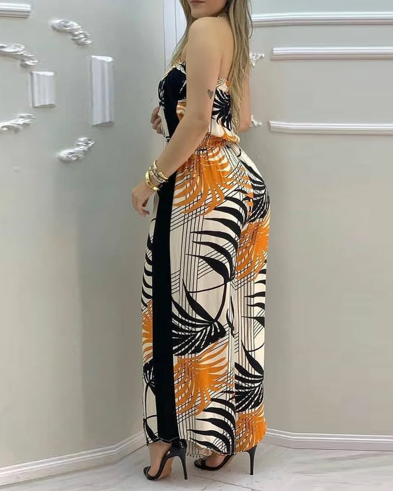 Women Summer Tropical Print Bandeau Wide Leg Jumpsuit Sleeveless Loose Sexy Beachwear Casual Rompers