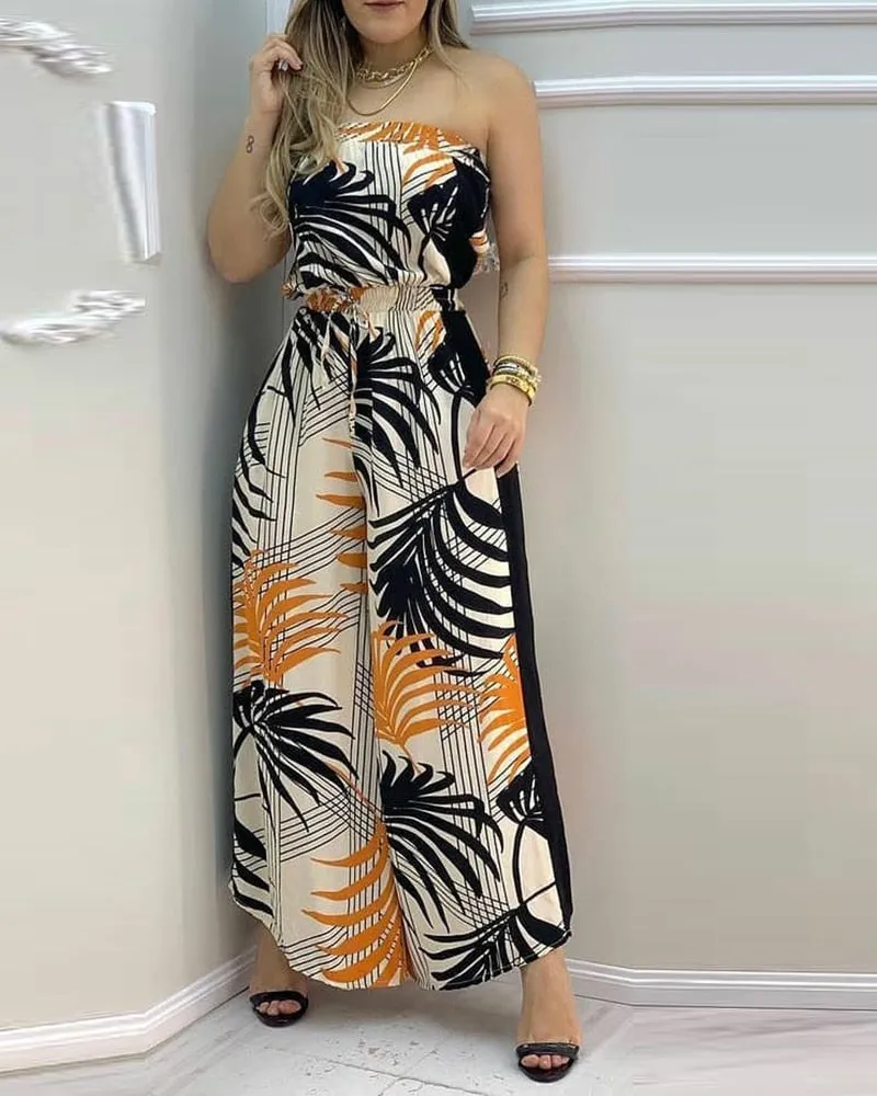 Women Summer Tropical Print Bandeau Wide Leg Jumpsuit Sleeveless Loose Sexy Beachwear Casual Rompers