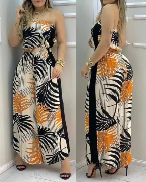 Women Summer Tropical Print Bandeau Wide Leg Jumpsuit Sleeveless Loose Sexy Beachwear Casual Rompers