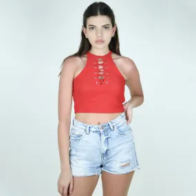 Women's Lace-Up-Neck Crop Top,Red