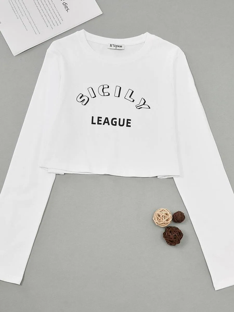 Women's Long Sleeve White Letter Print Top