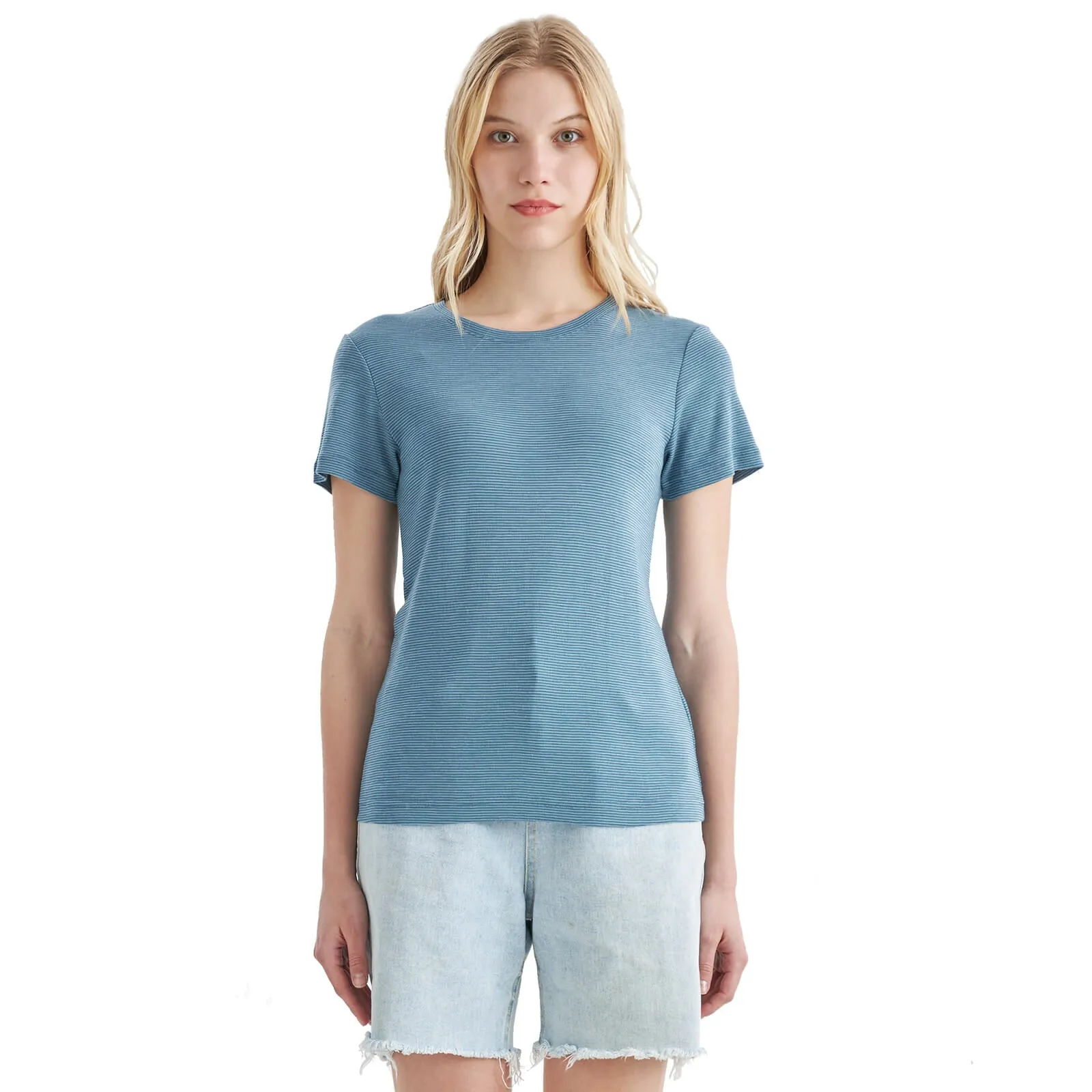 Women's Merino 200g Short Sleeve T-Shirt Blue Gray Stripes