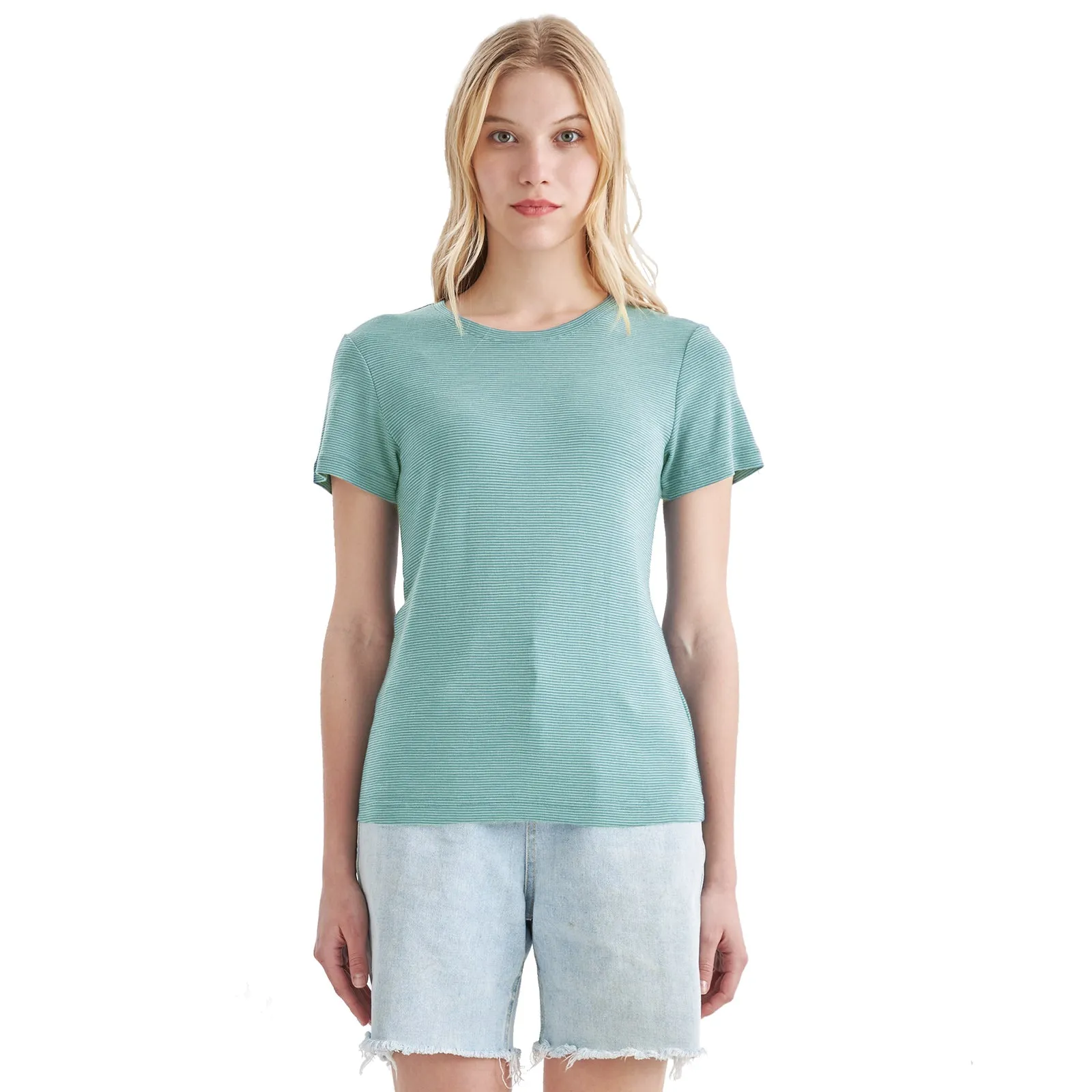 Women's Merino 200g Short Sleeve T-Shirt Light Dusty Teal Stripes