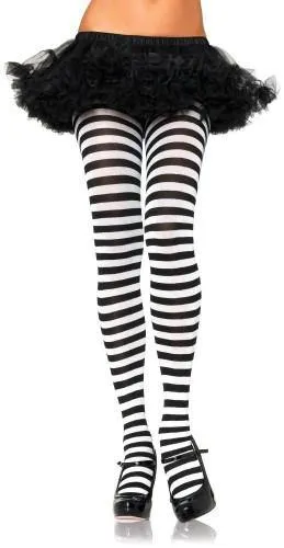 Womens Nylon Black/White Stripe Tights - 3-4X