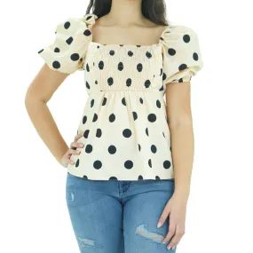 Women's Polka Dots Puff Sleeve,Beige