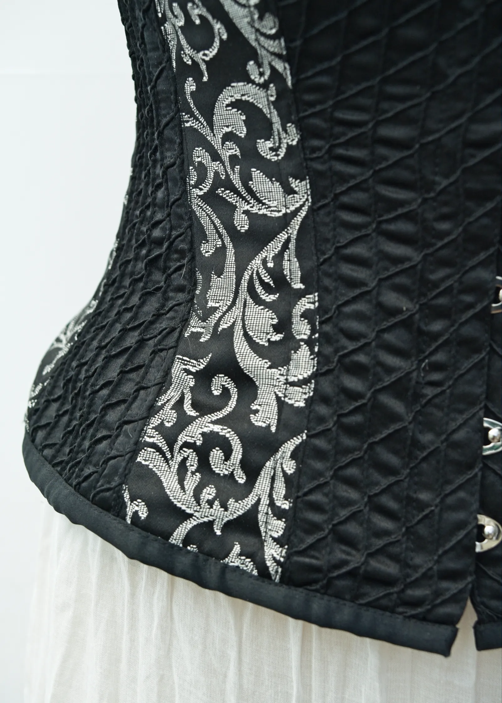 Y2K Boned Corset • Black   Silver Brocade • Back Lace  Closure