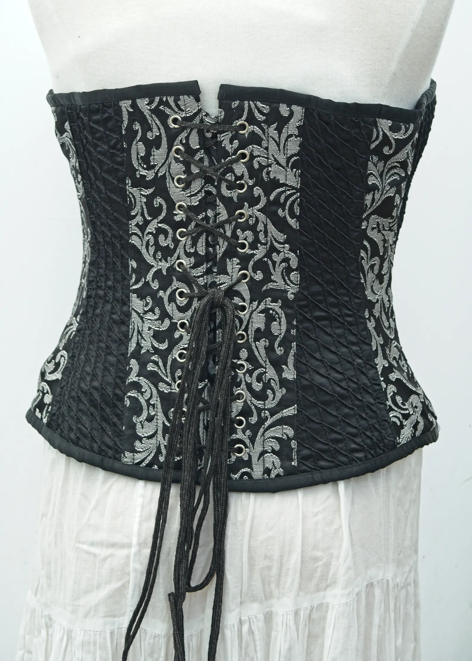 Y2K Boned Corset • Black   Silver Brocade • Back Lace  Closure