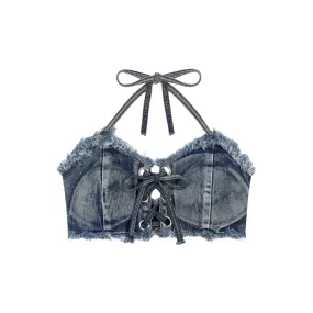 Y2K Fringe Denim Halter Bralette Top