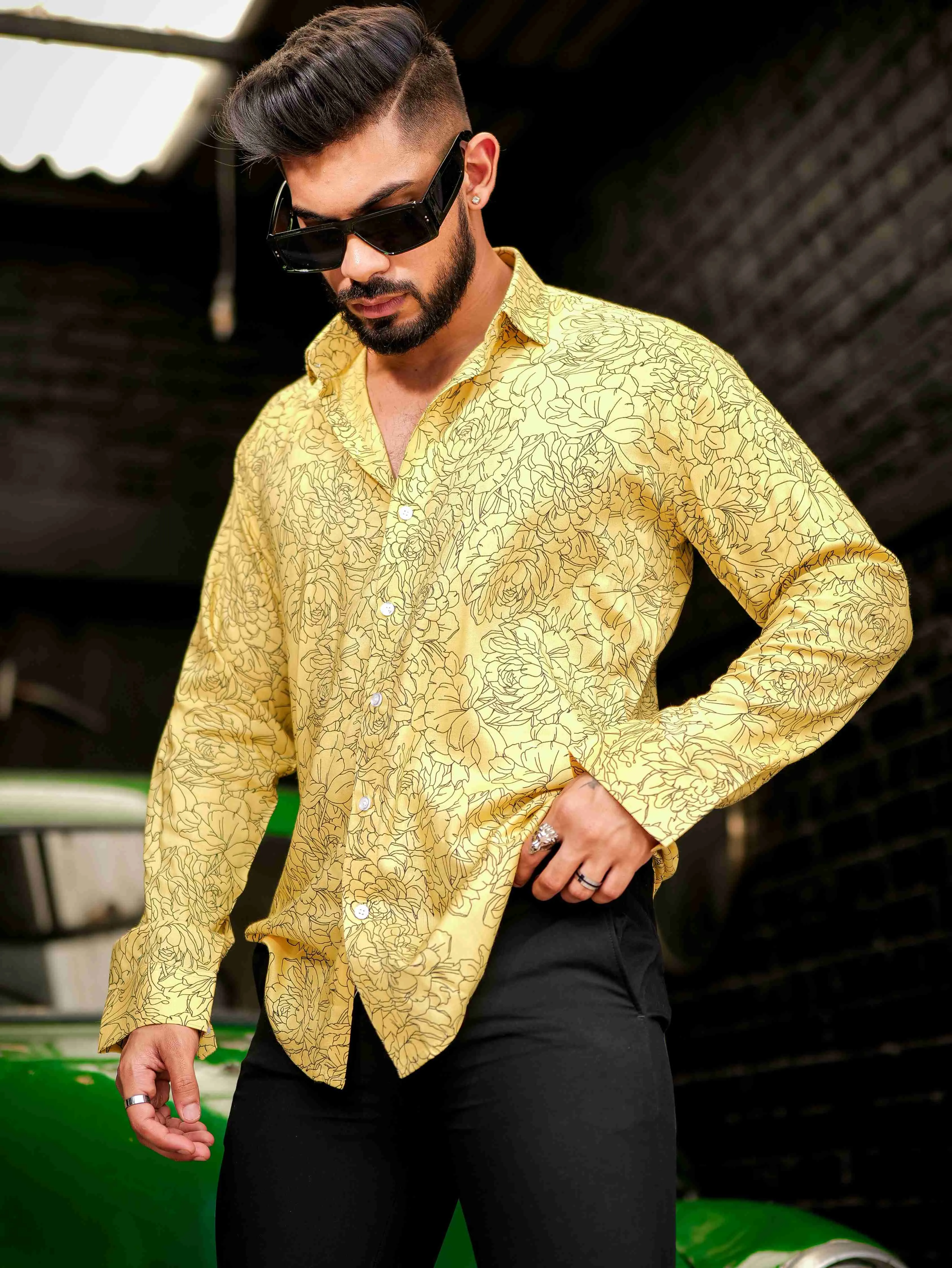 Yellow Modal Cotton Print Premium Shirt