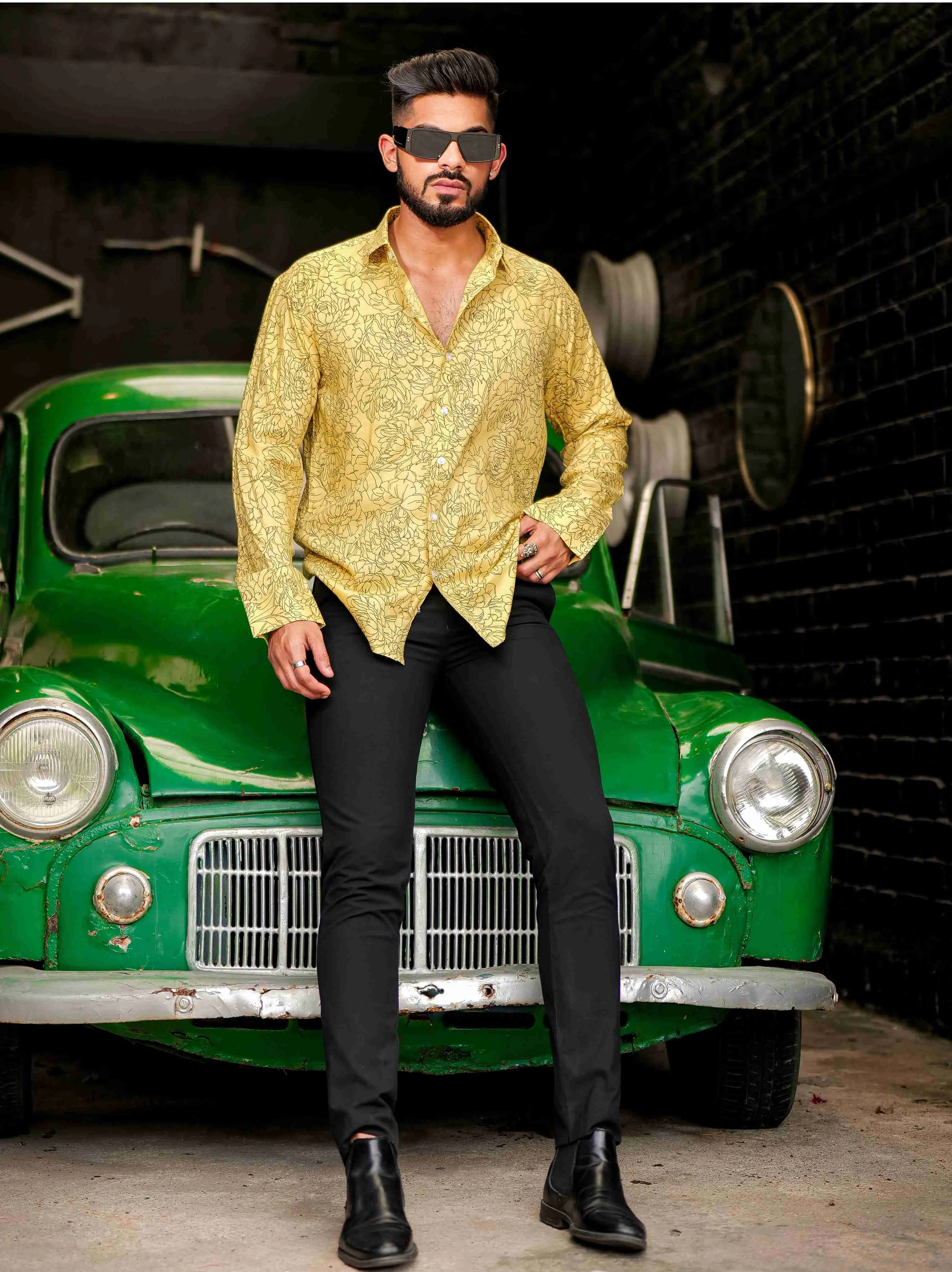 Yellow Modal Cotton Print Premium Shirt